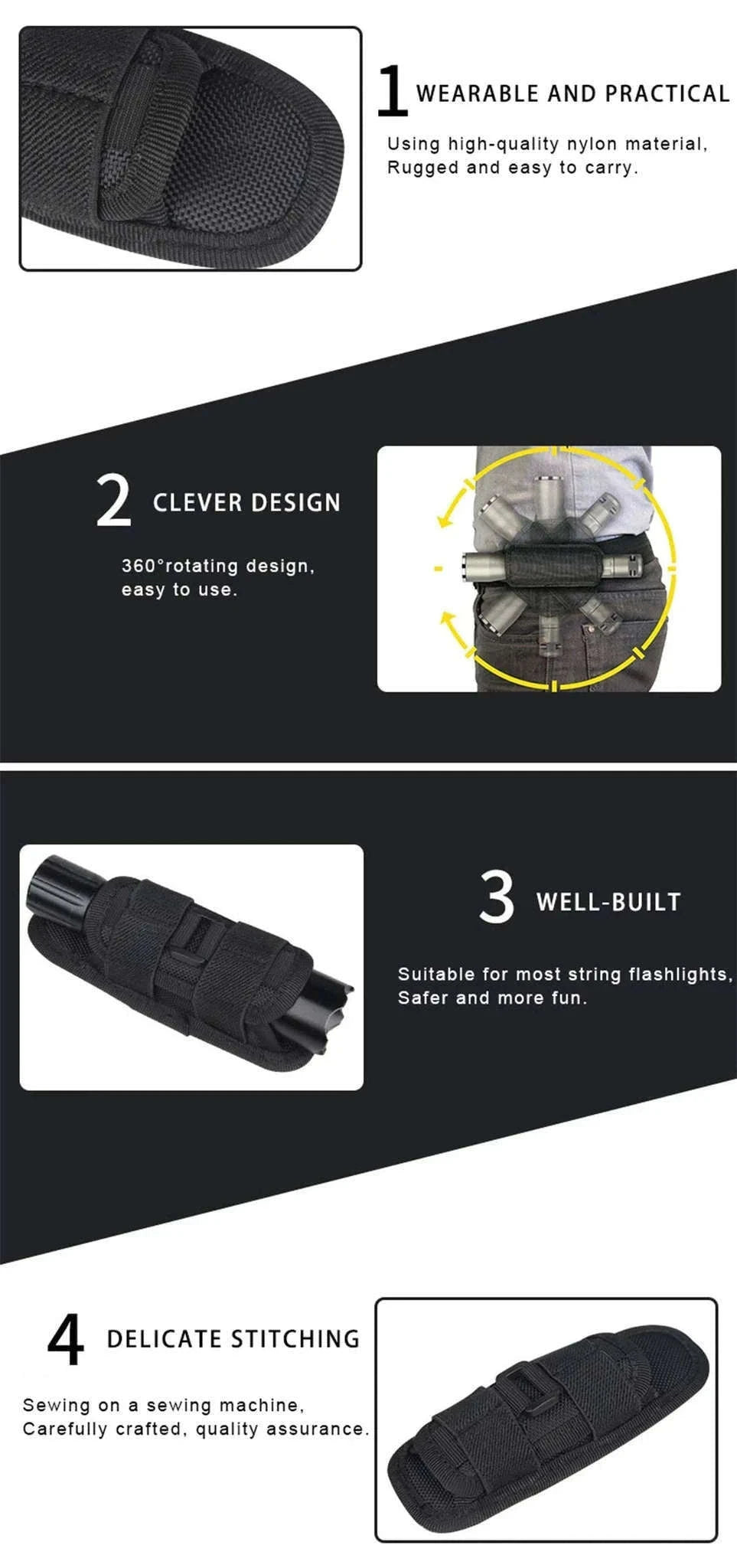 360° Rotating Flashlight Pouch Belt Holster Nylon Torch Holder-Black