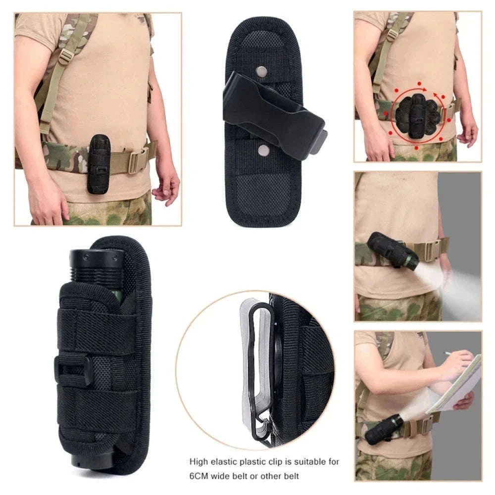 360° Rotating Flashlight Pouch Belt Holster Nylon Torch Holder-Black