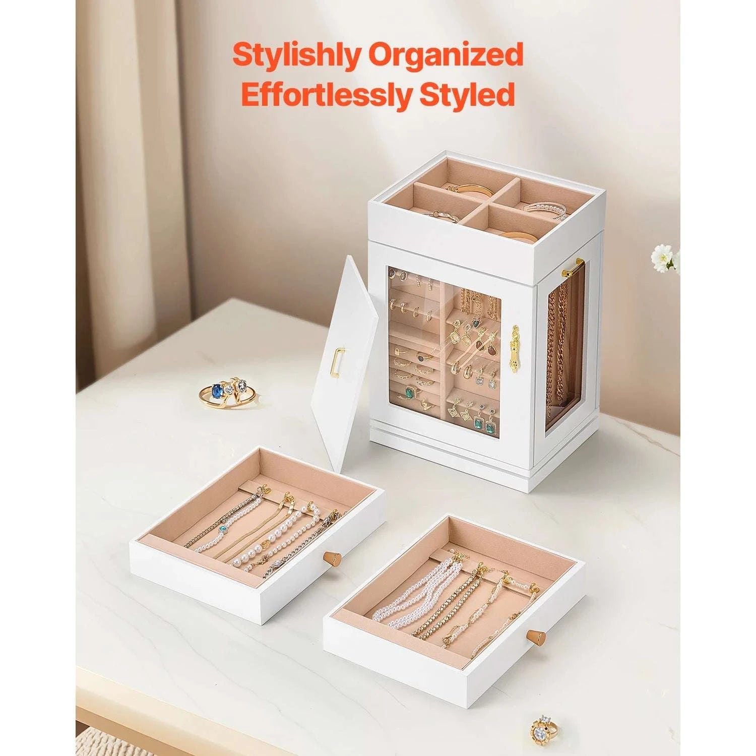 360° Rotating Jewelry Organizer Box with Acrylic Window & Hooks-2-Side Door / france