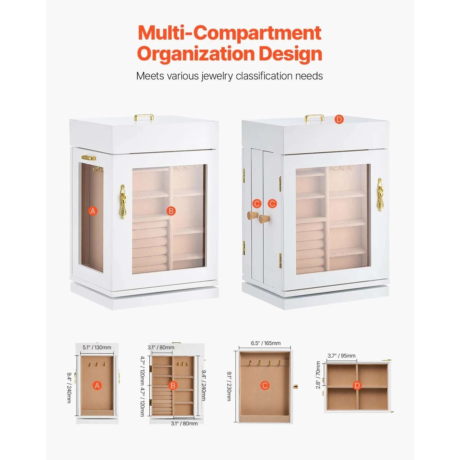 360° Rotating Jewelry Organizer Box with Acrylic Window & Hooks-2-Side Door / france