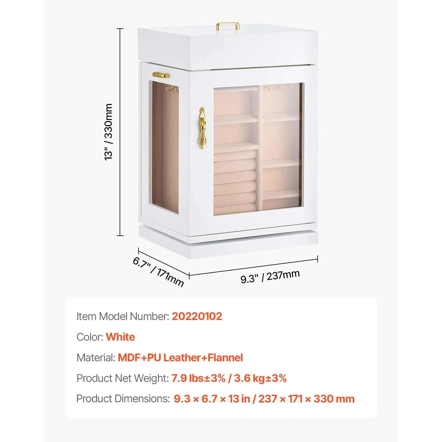360° Rotating Jewelry Organizer Box with Acrylic Window & Hooks-2-Side Door / france