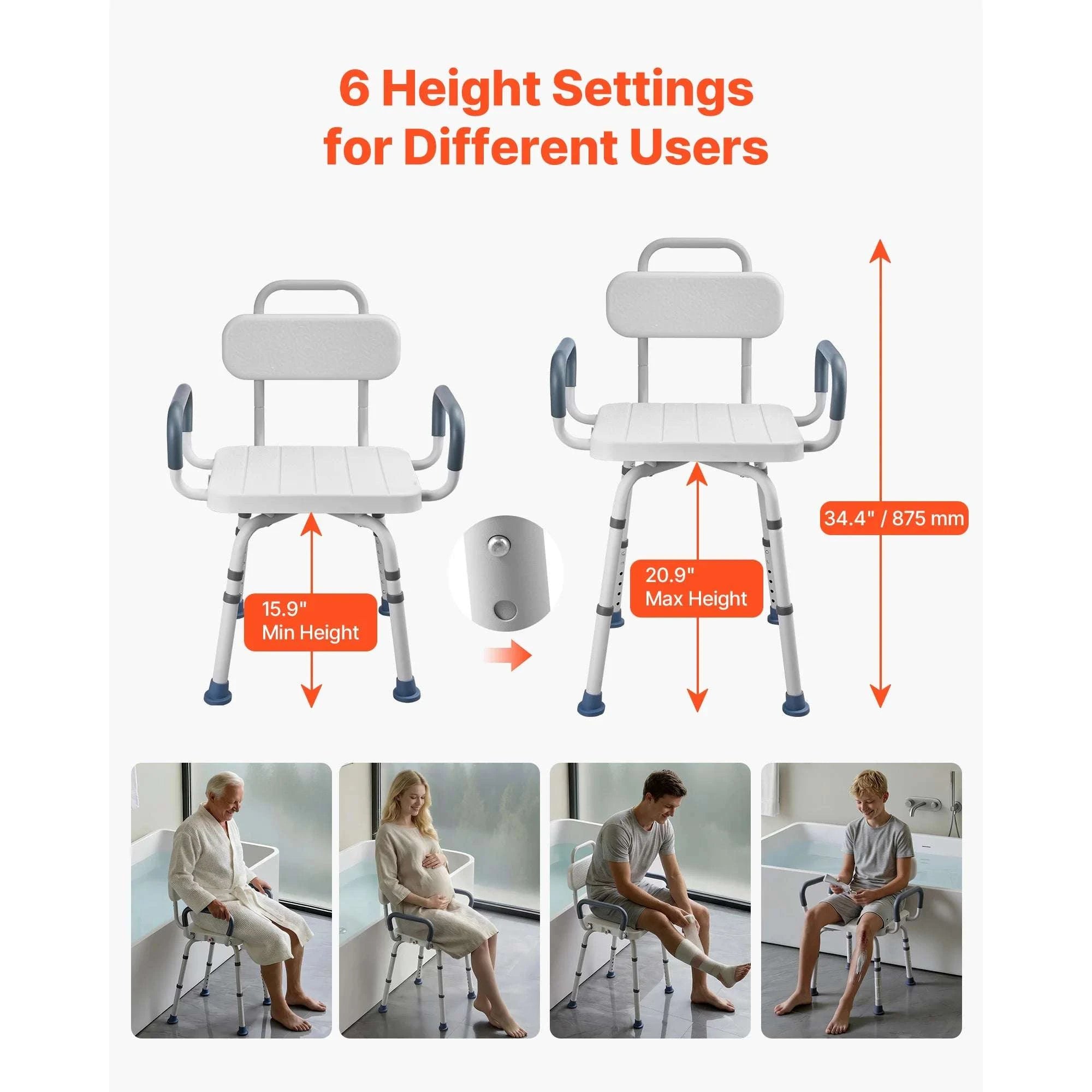 360° Rotating Shower Chair with Arms, Back & Adjustable Height-400 lbs / United States