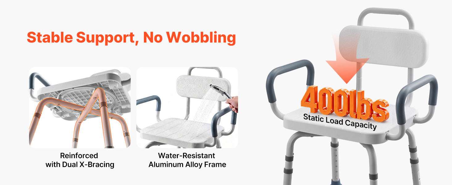 360° Rotating Shower Chair with Arms, Back & Adjustable Height-400 lbs / United States
