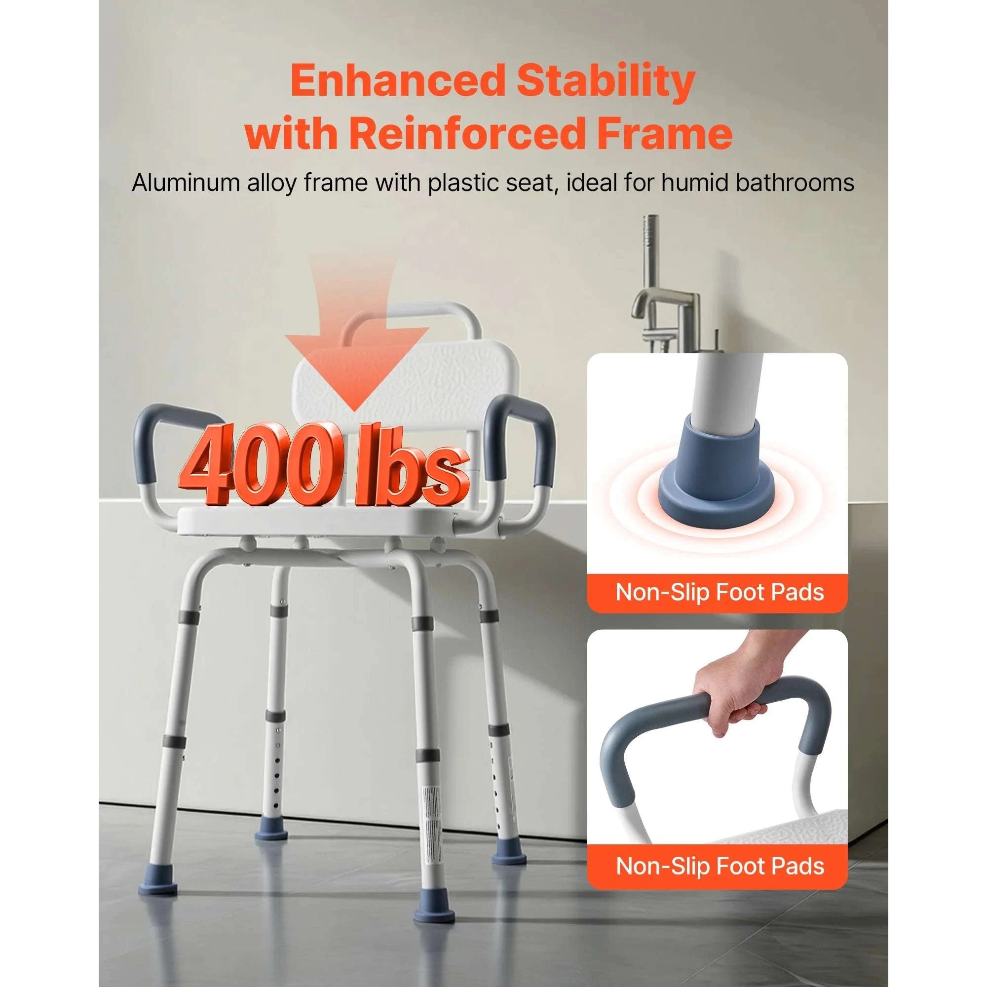 360° Rotating Shower Chair with Arms, Back & Adjustable Height-400 lbs / United States