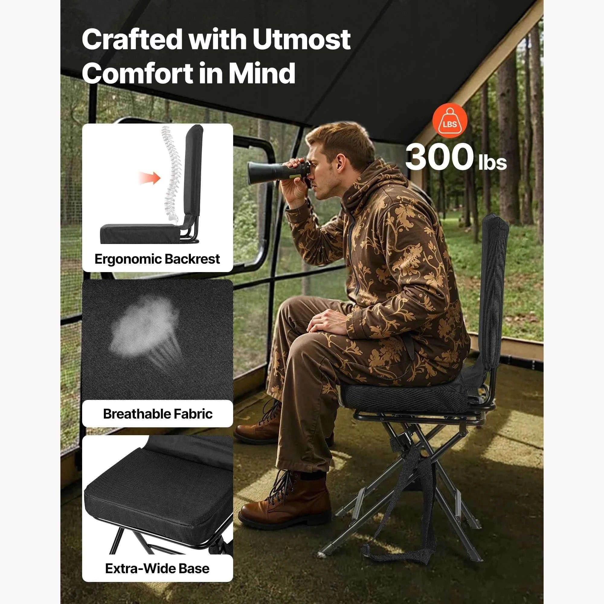 360° Silent Swivel Foldable Hunting Chair with Adjustable Shoulder Straps-300 lbs / United States