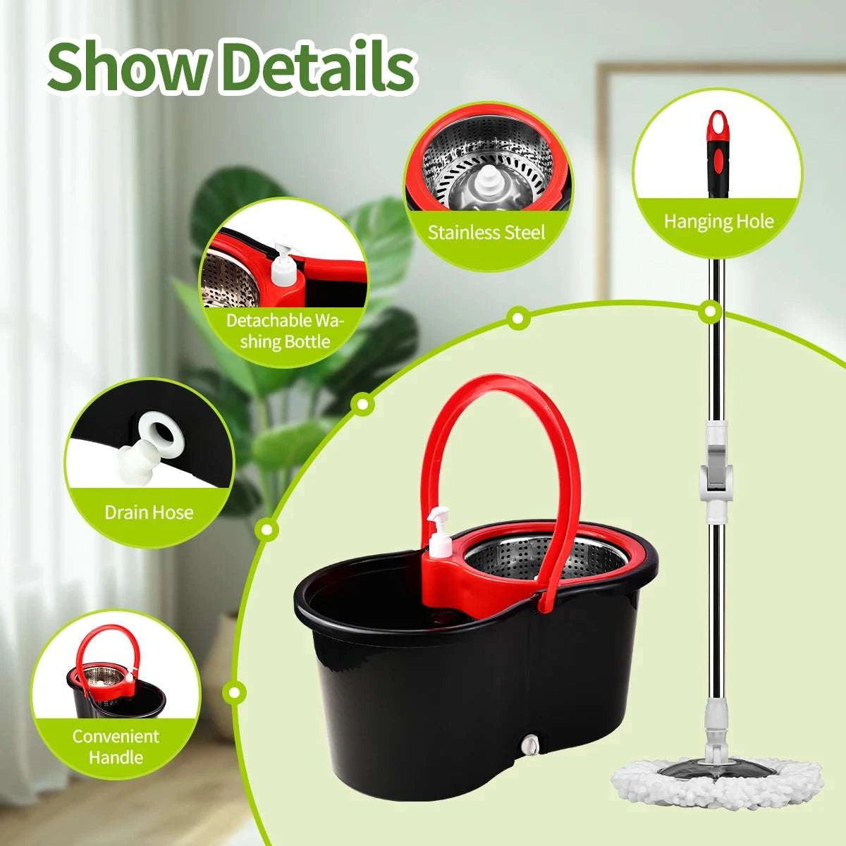 360° Spin Mop Bucket Set with Dual-Motion System & 3 Mop Heads-1Set / United States