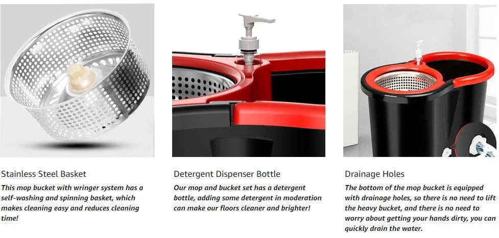 360° Spin Mop Bucket Set with Stainless Steel Wring System-mop bucket 3pads / United States