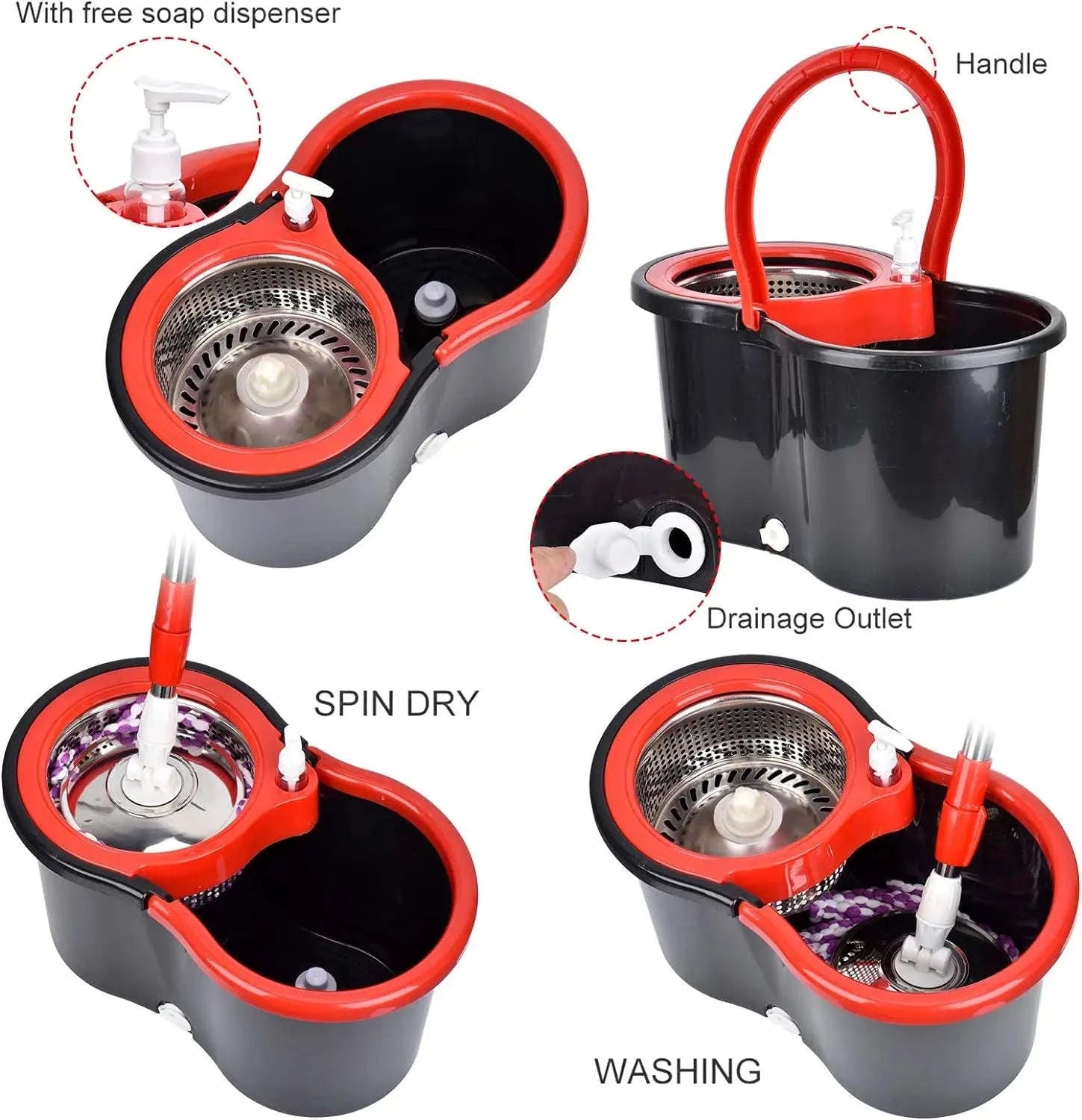 360° Spin Mop Bucket Set with Stainless Steel Wring System-mop bucket 3pads / United States