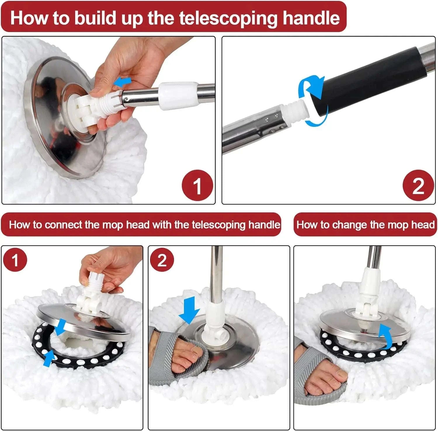 360° Spin Mop Bucket Set with Stainless Steel Wring System-mop bucket 3pads / United States