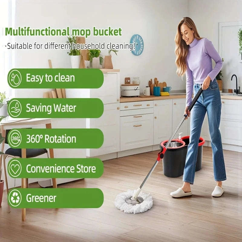 360° Spin Mop Bucket System with Pedal Wringer & 3 Microfiber Heads-United States / Black Red