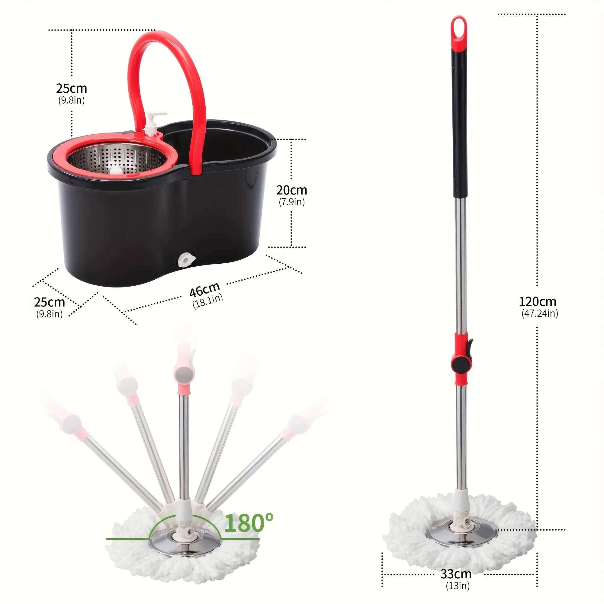 360° Spin Mop Bucket System with Pedal Wringer & 3 Microfiber Heads-United States / Black Red