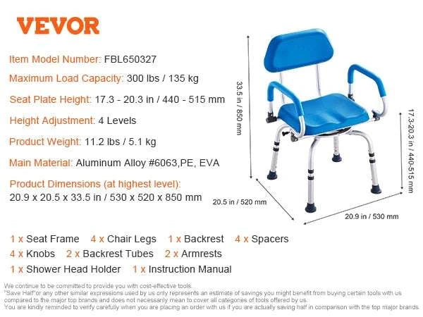 360° Swivel Shower Chair with Backrest, Arms & Adjustable Height-FBL650326 / United States