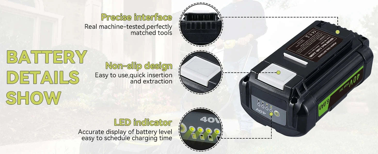 36V/40V 6.0Ah Lithium-Ion Battery Replacement with LED Indicator-for Ryobi / 40V / United States