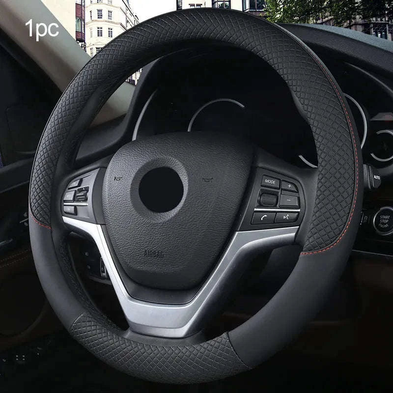 38cm Faux Leather Steering Wheel Cover-black