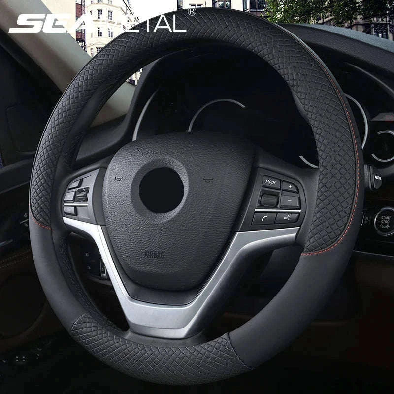 38cm Faux Leather Steering Wheel Cover-black