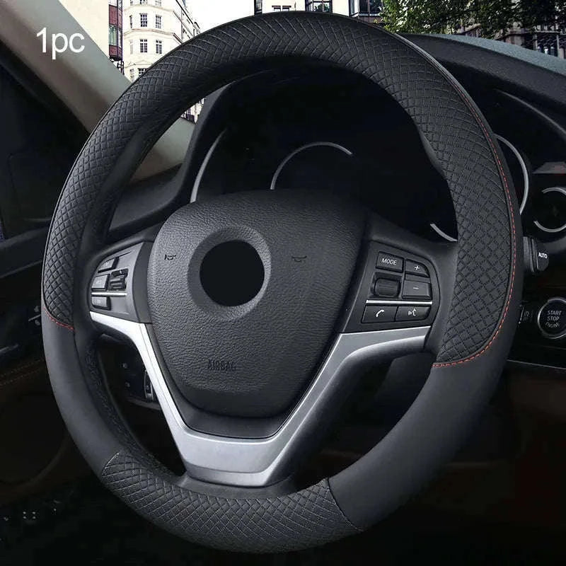 38cm Faux Leather Steering Wheel Cover-black