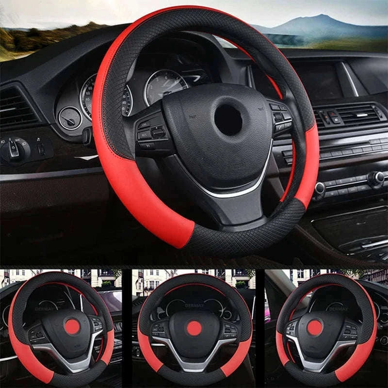 38cm Faux Leather Steering Wheel Cover-black