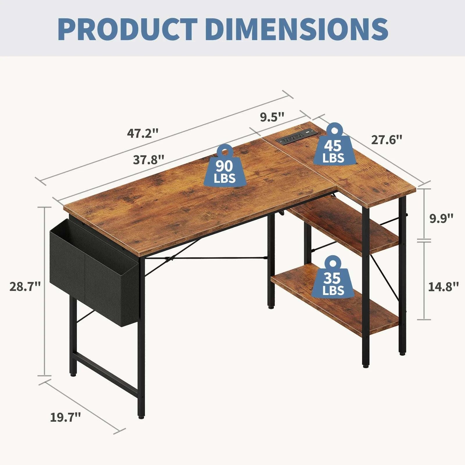39" L-Shaped Gaming Desk with Power Strip and Storage Shelves-black / United States