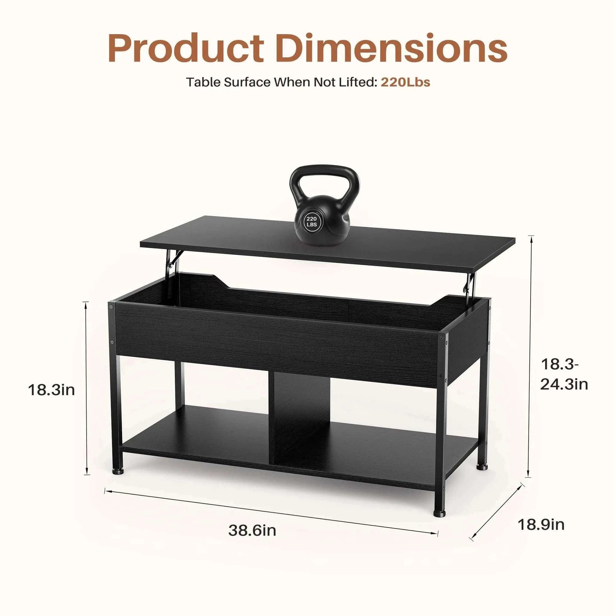 39" Lift Top Coffee Table with Storage Shelf Adjustable Wood Desk-Rust / United States