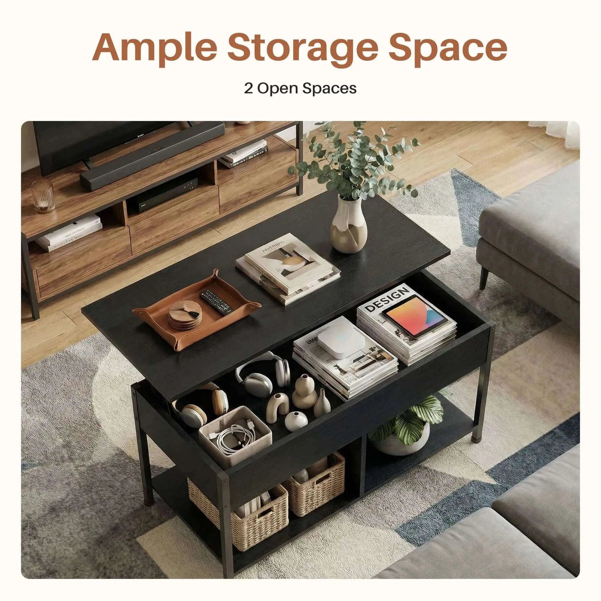 39" Lift Top Coffee Table with Storage Shelf Adjustable Wood Desk-Rust / United States