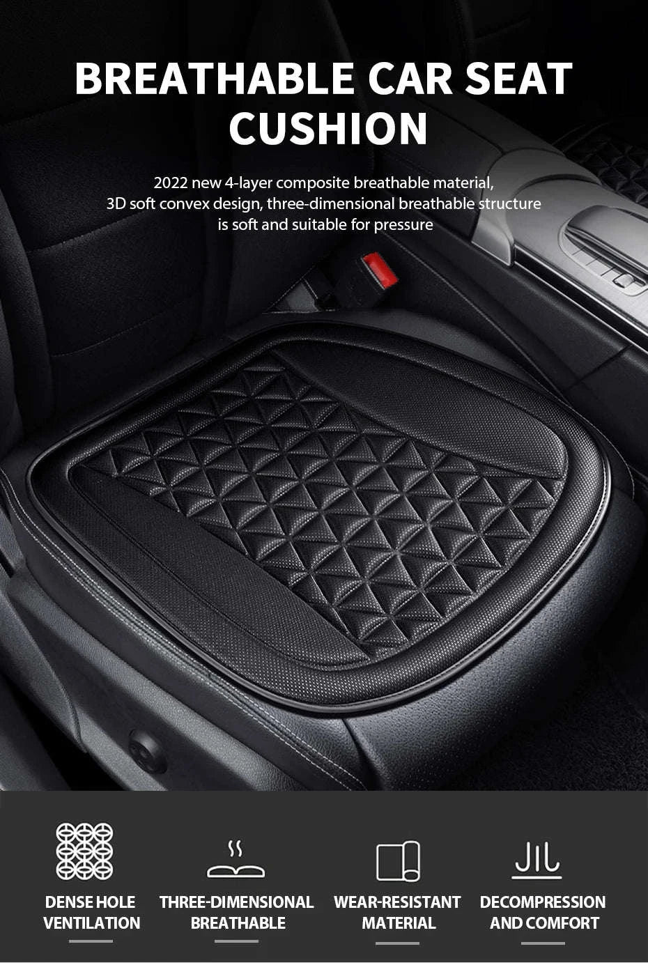 3D Breathable Car Seat Cushion Cover-Black front pad 1pc