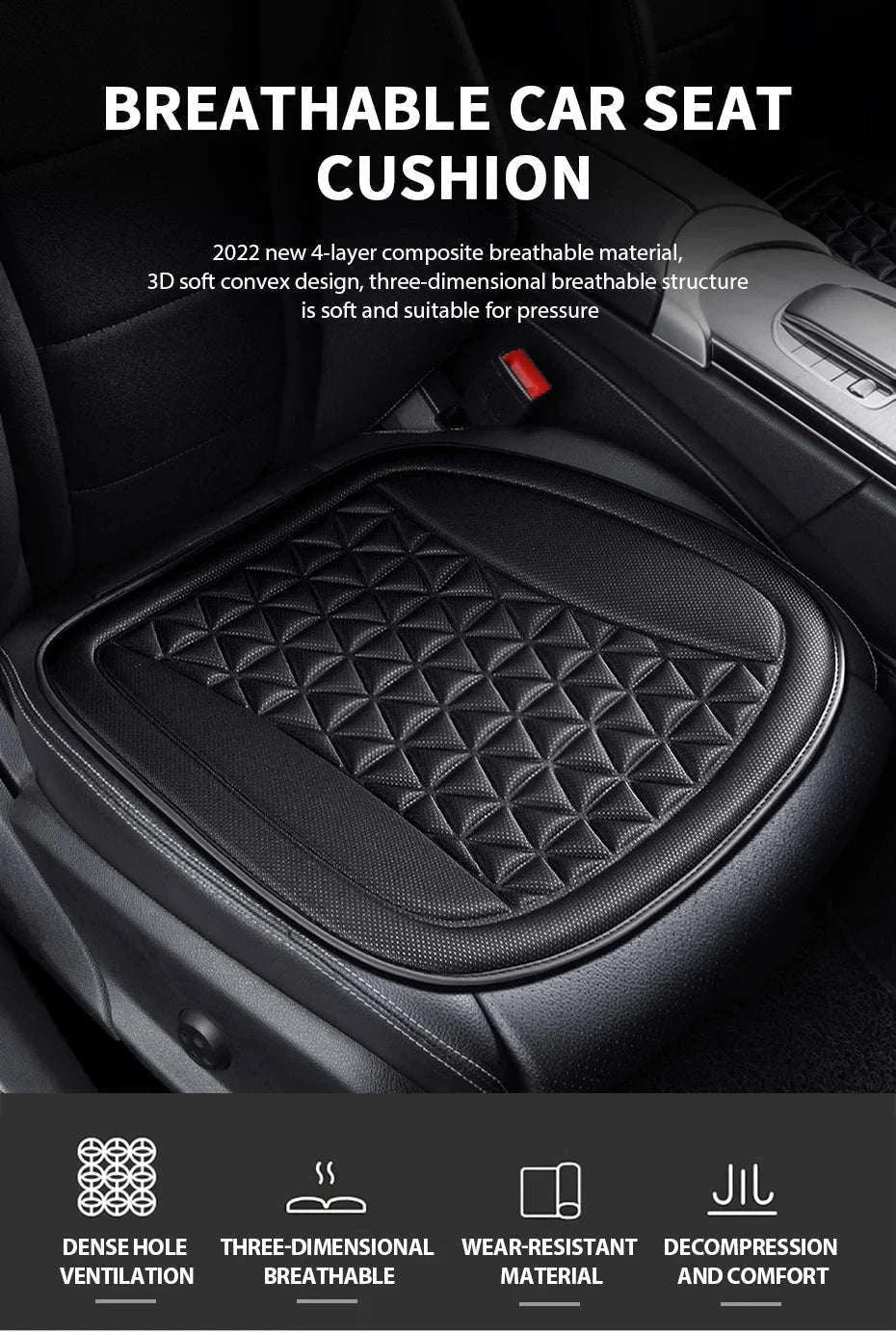 3D Breathable Car Seat Cushion Cover-Black front pad 1pc