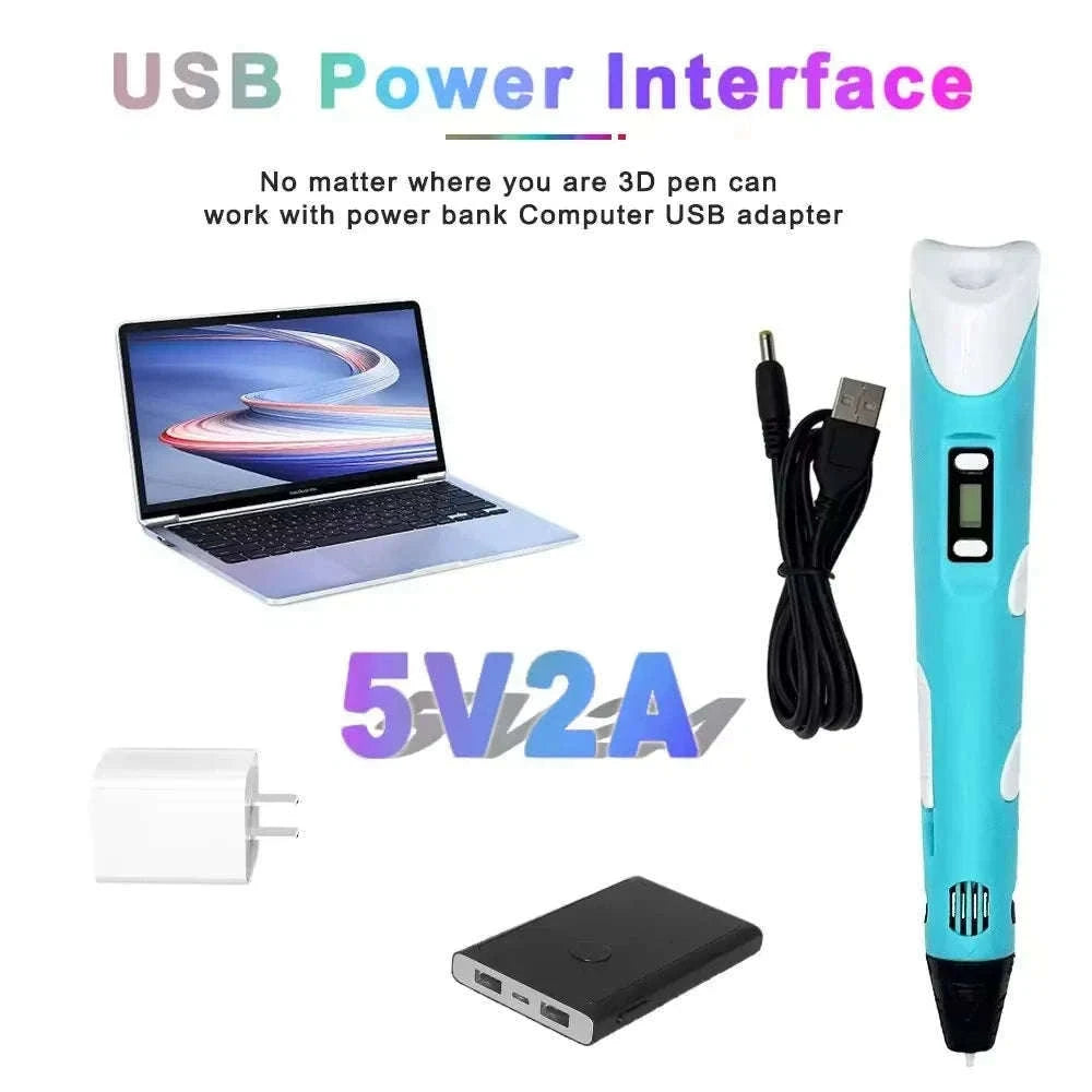 3D Printing Pen Kit with USB Rechargeable Design and PLA Filament-blue 9M PLA bag / 9 Meter / PLA Filagment