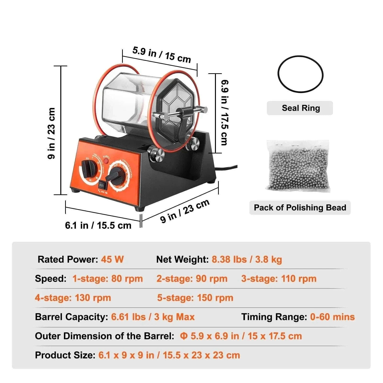 3kg / 5kg Rotary Jewelry Polishing Tumbler Machine with Timer-5Kg Capacity / france