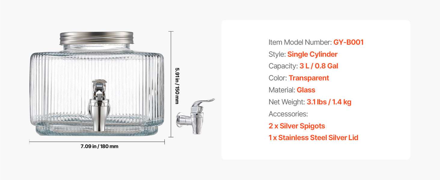 3L Glass Beverage Dispenser with No-Drip Spigot and Lid-1 gal / United States