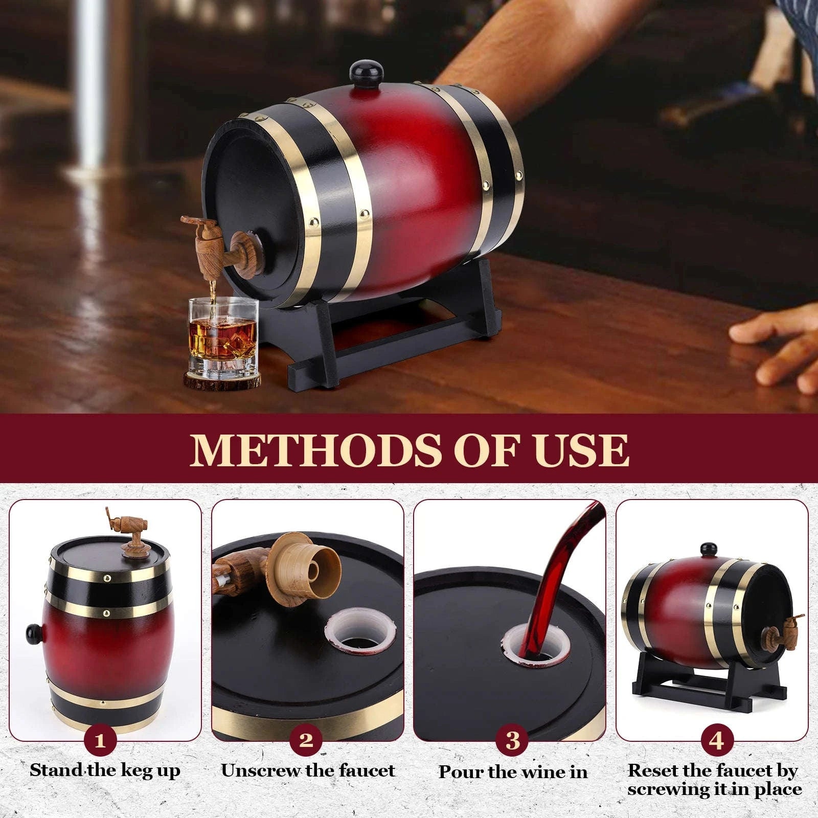 3L Wooden Wine Barrel with Faucet and Stand-United States