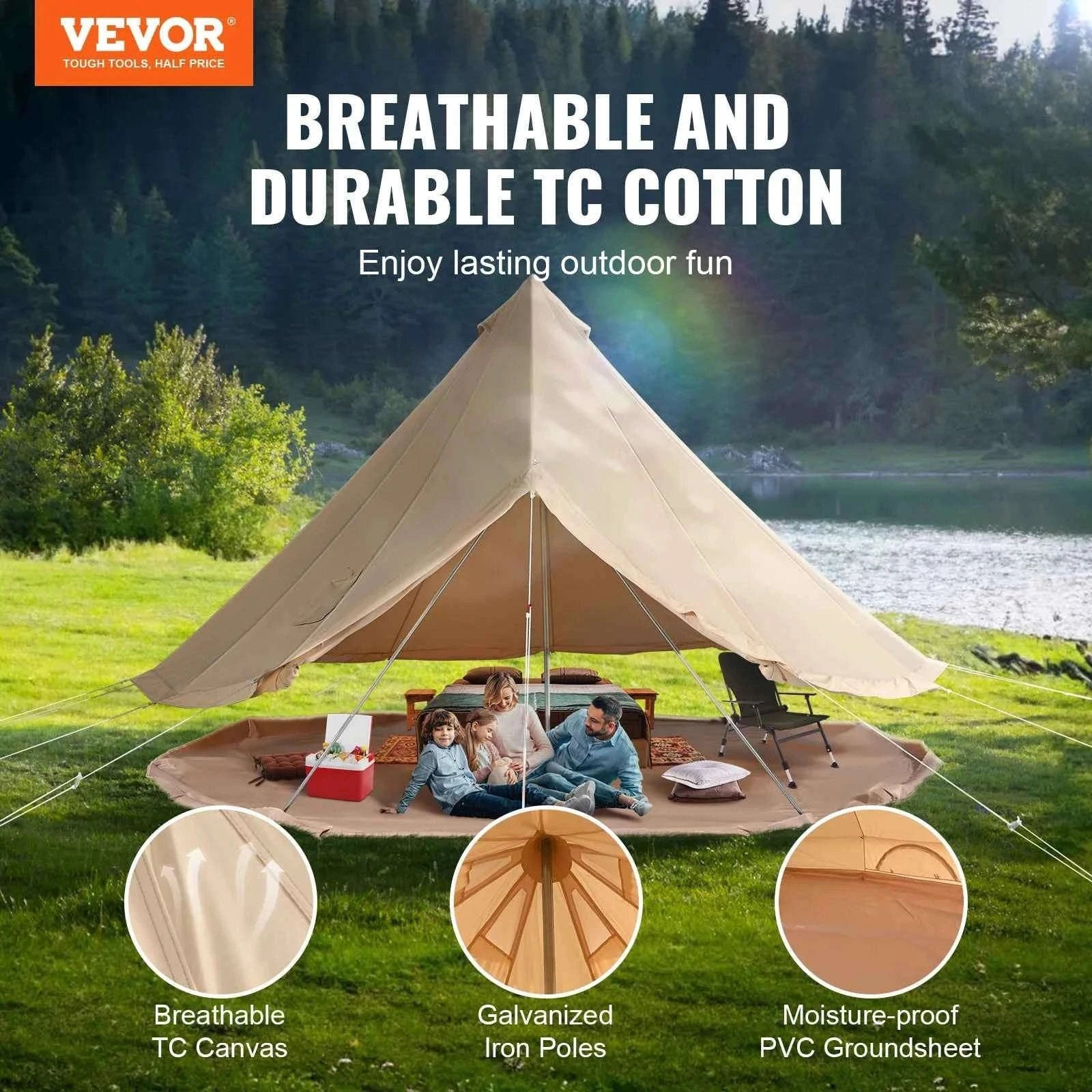 3m Canvas Bell Tent with Stove Jack, Breathable 4-Person-3m / france