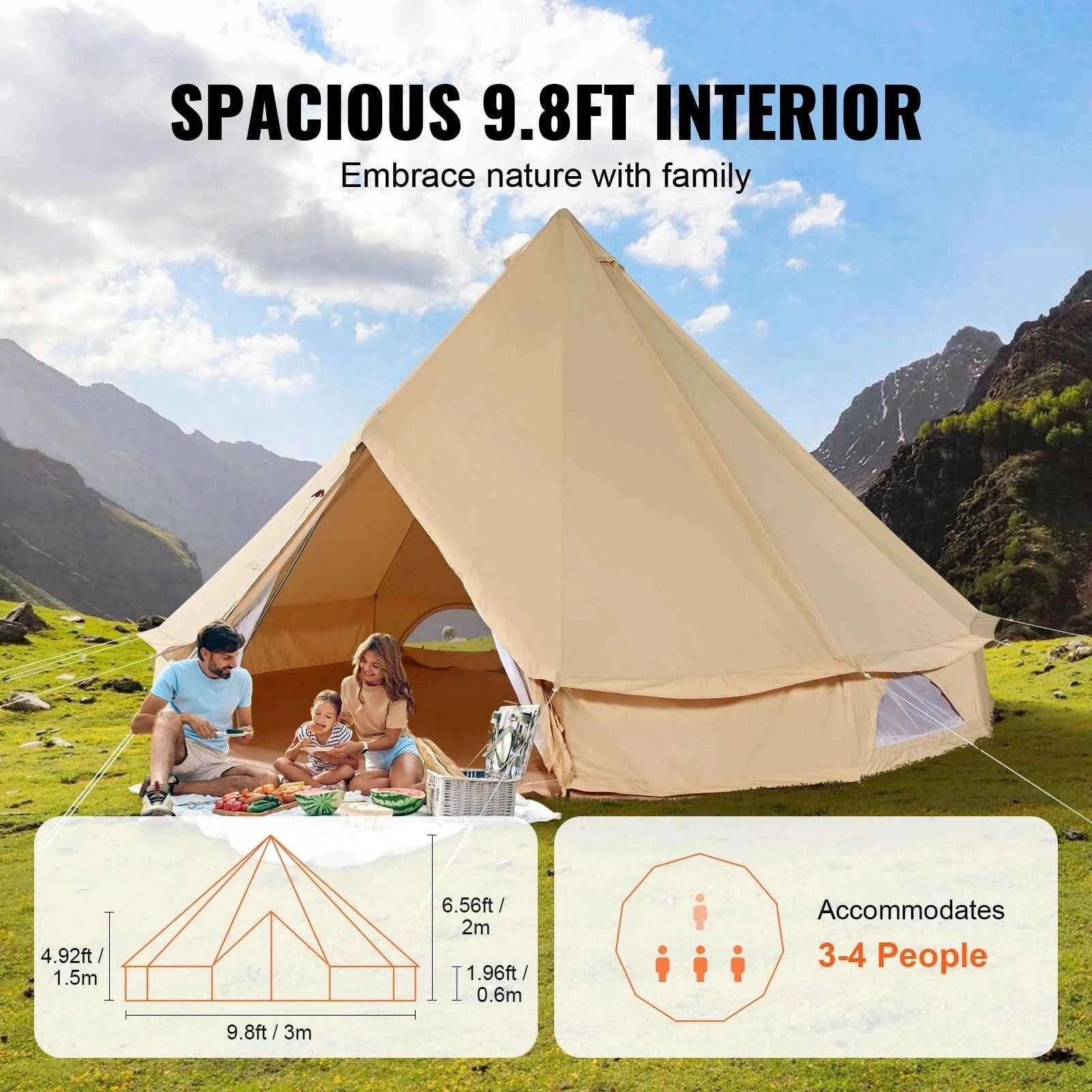 3m Canvas Bell Tent with Stove Jack, Breathable 4-Person-3m / france