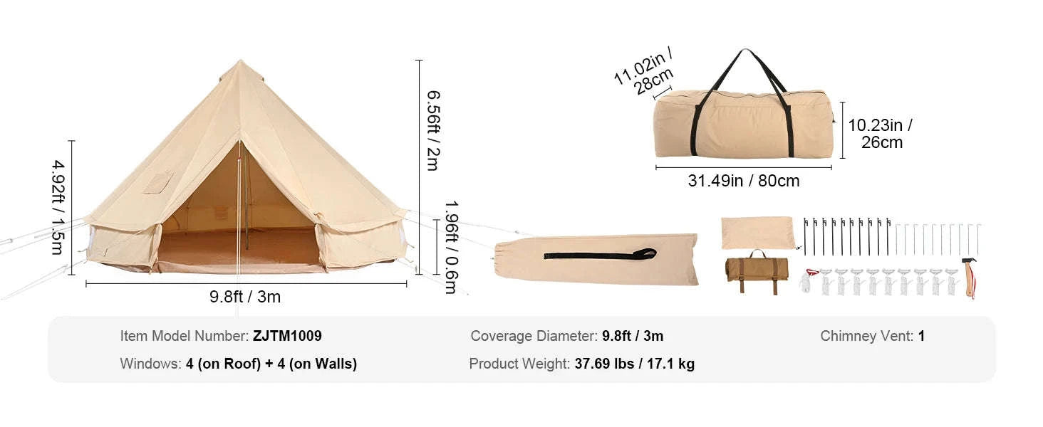 3m Canvas Bell Tent with Stove Jack, Breathable 4-Person-3m / france