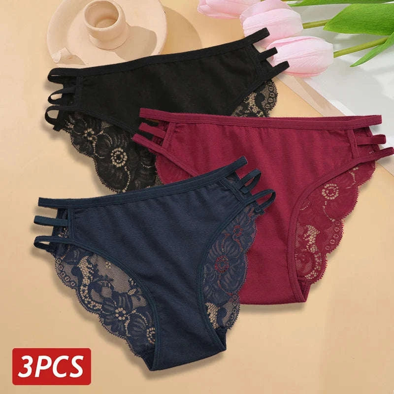 3PC Women's Floral Lace Panties – Low-Rise Transparent Briefs-Set 7 / L / 3pcs