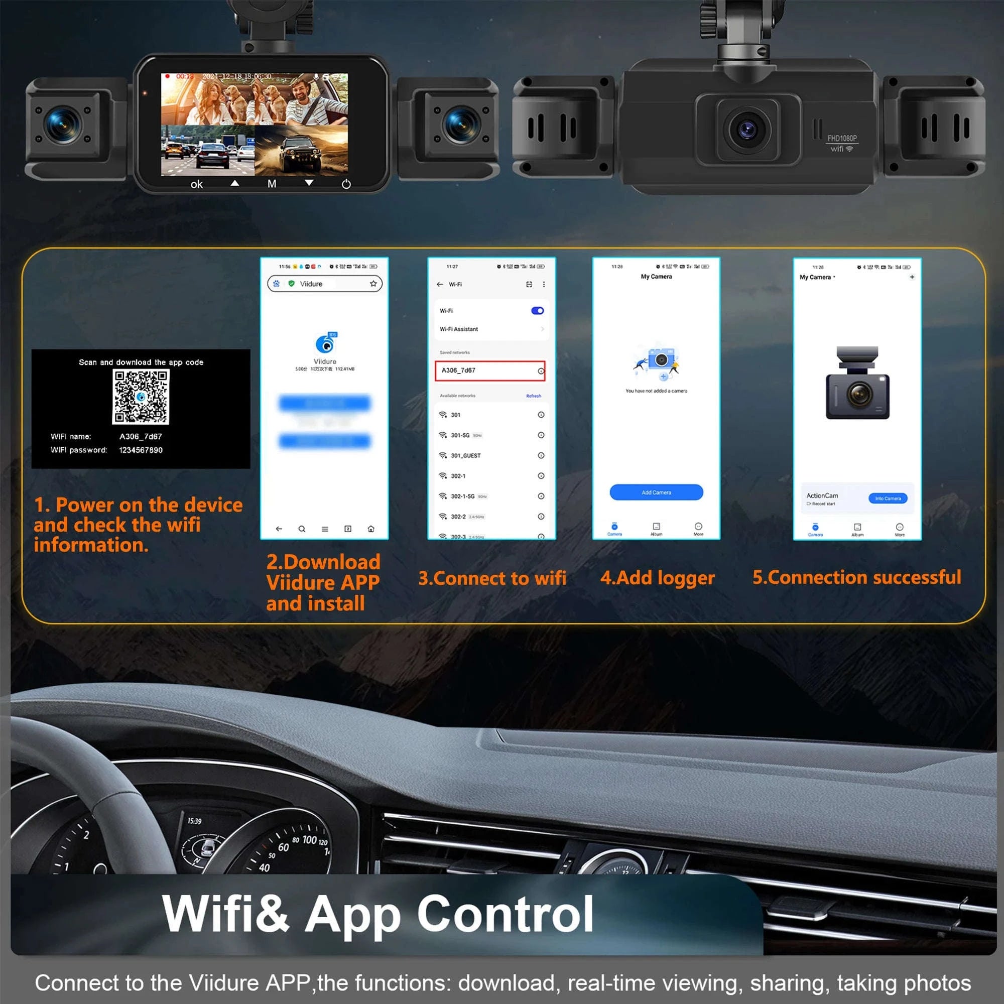4-Channel Car Dash Cam with WiFi, 1080P Recording & Night Vision-WiFi 4Ch Dash Cam / No SD Card