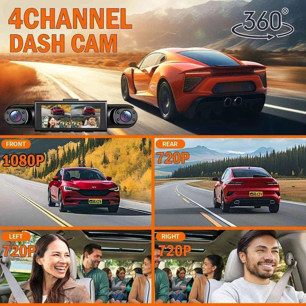 4 Channel Dash Cam 360° Car Video Recorder with Night Vision and Parking Monitor-4ch dash cam / No SD Card