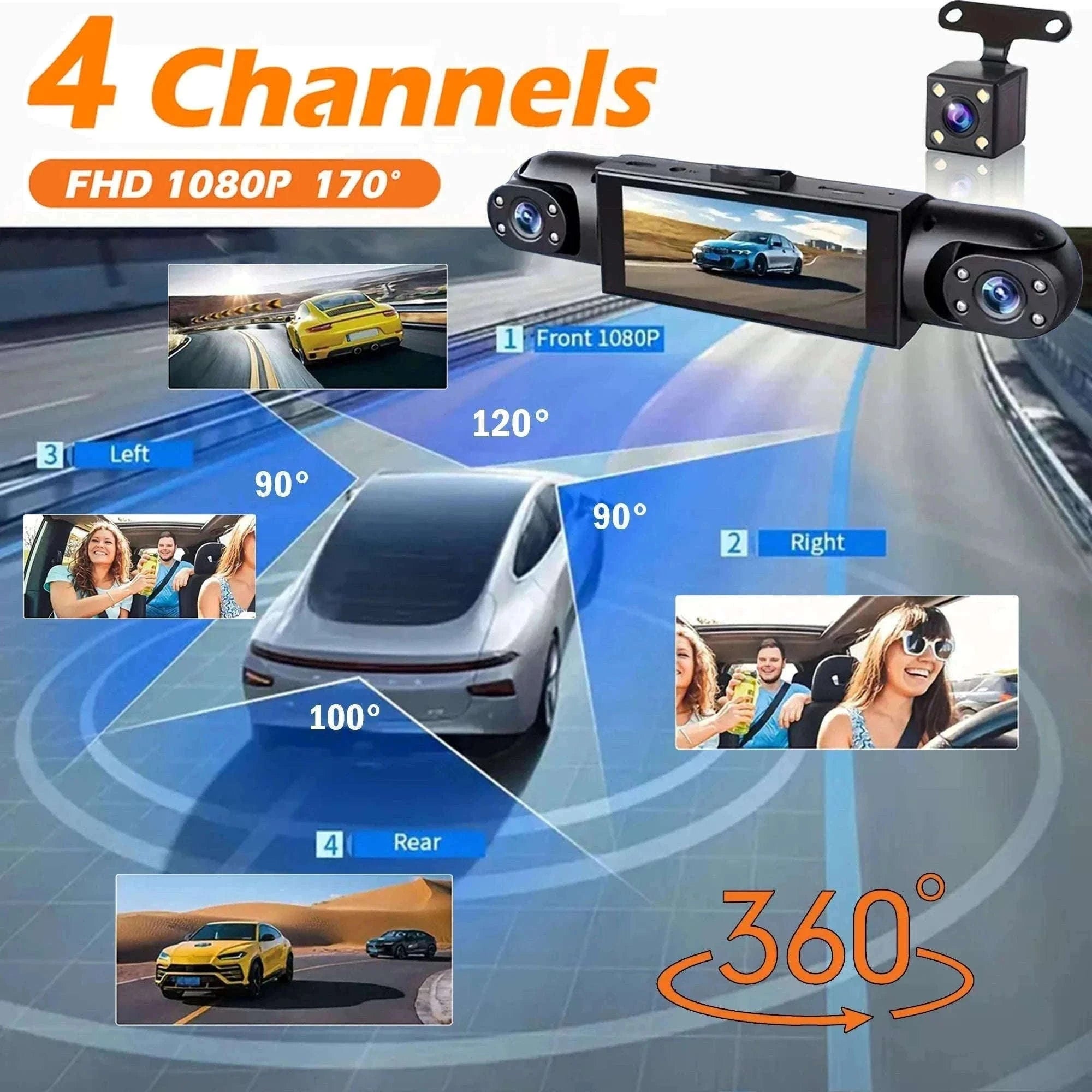 4 Channel Dash Cam 360° Car Video Recorder with Night Vision and Parking Monitor-4ch dash cam / No SD Card