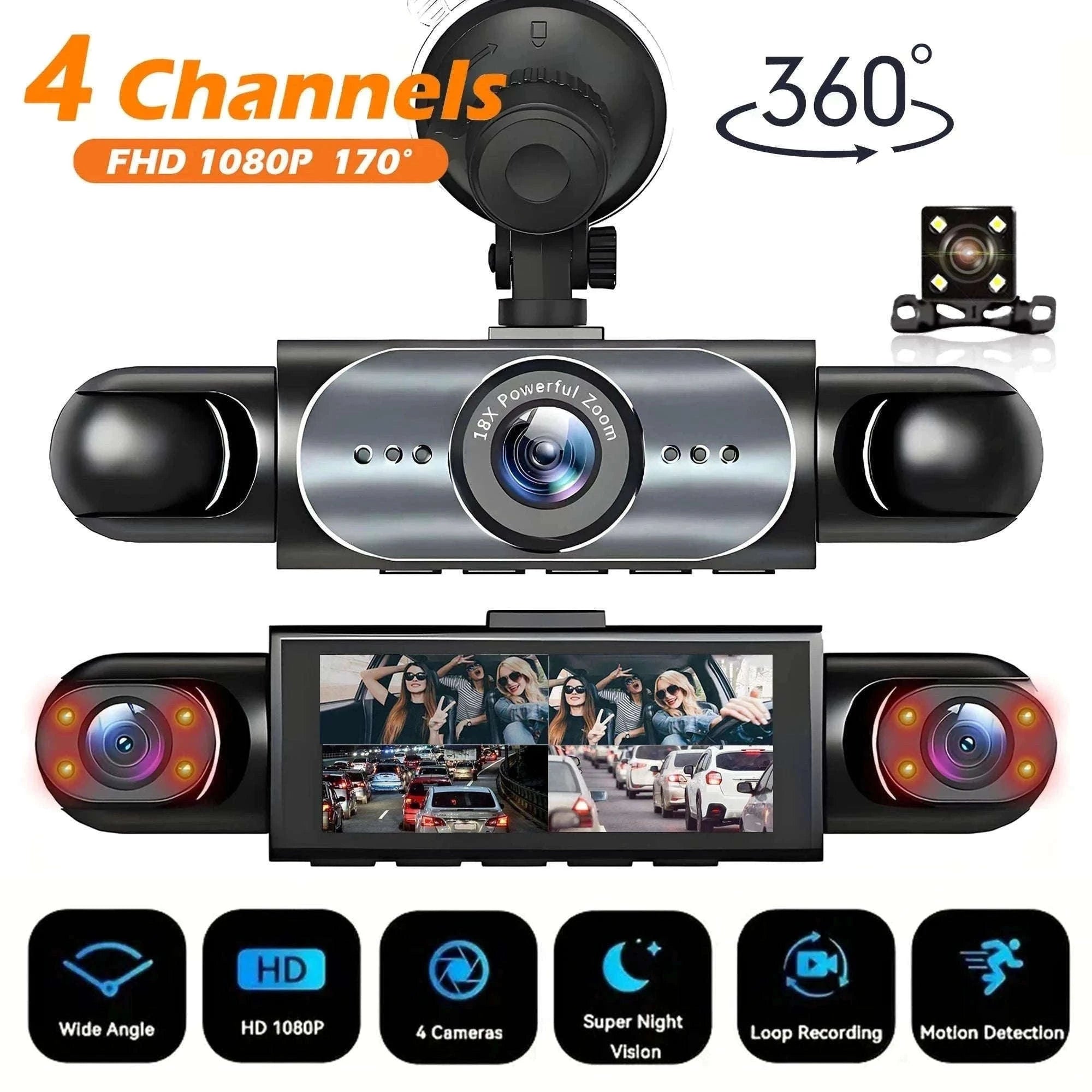 4 Channel Dash Cam 360° Car Video Recorder with Night Vision and Parking Monitor-4ch dash cam / No SD Card