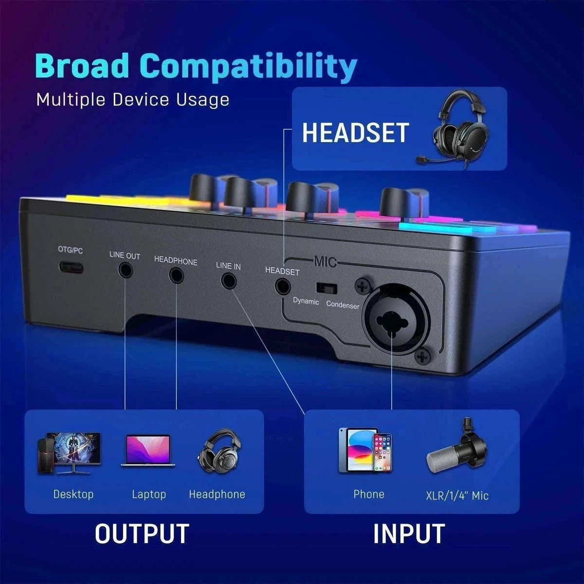 4-Channel Gaming Audio Mixer with XLR Mic Interface and RGB Controls-black