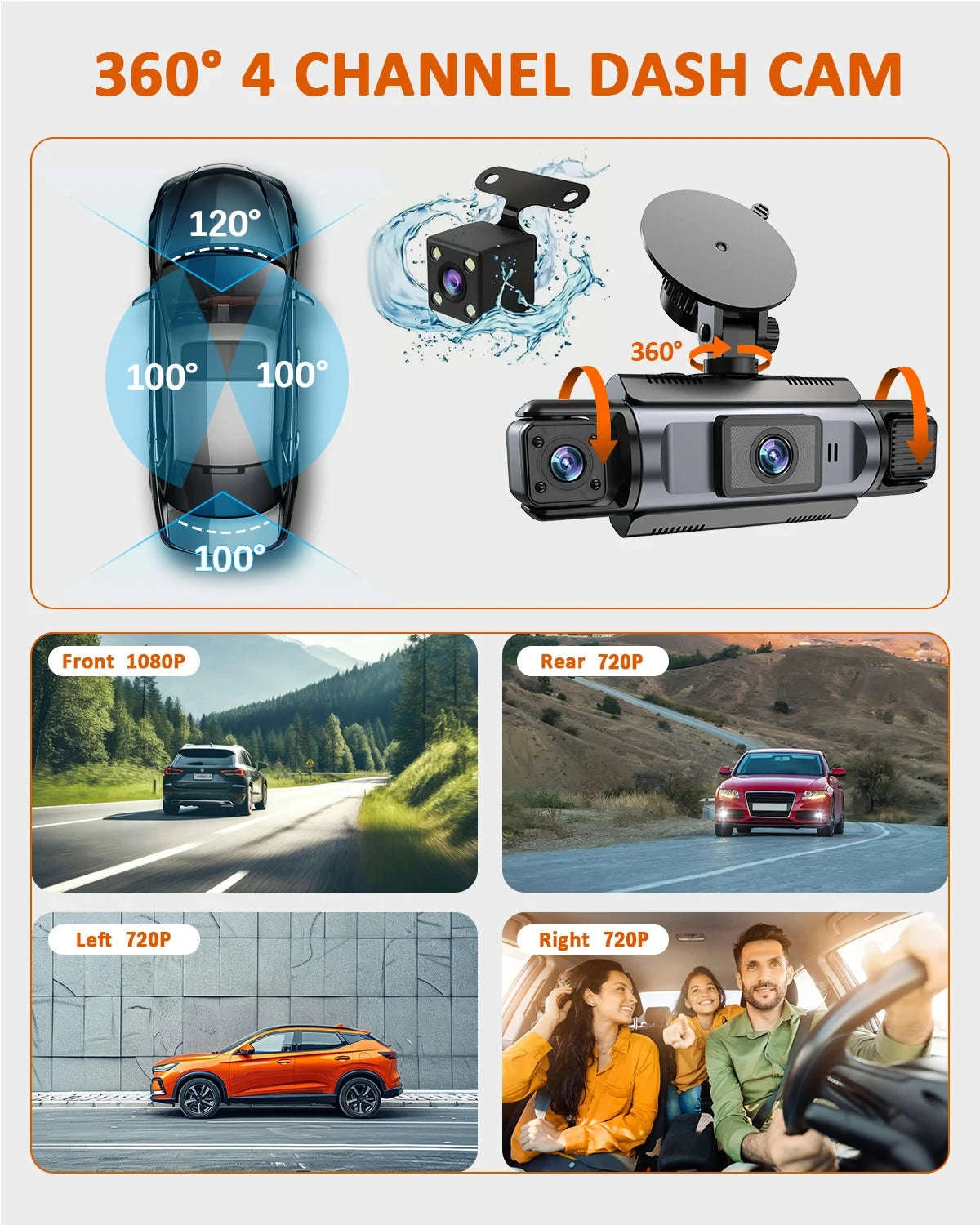 4-Channel WiFi Dash Camera with Night Vision-No Hardwire kit / China Mainland / No Card