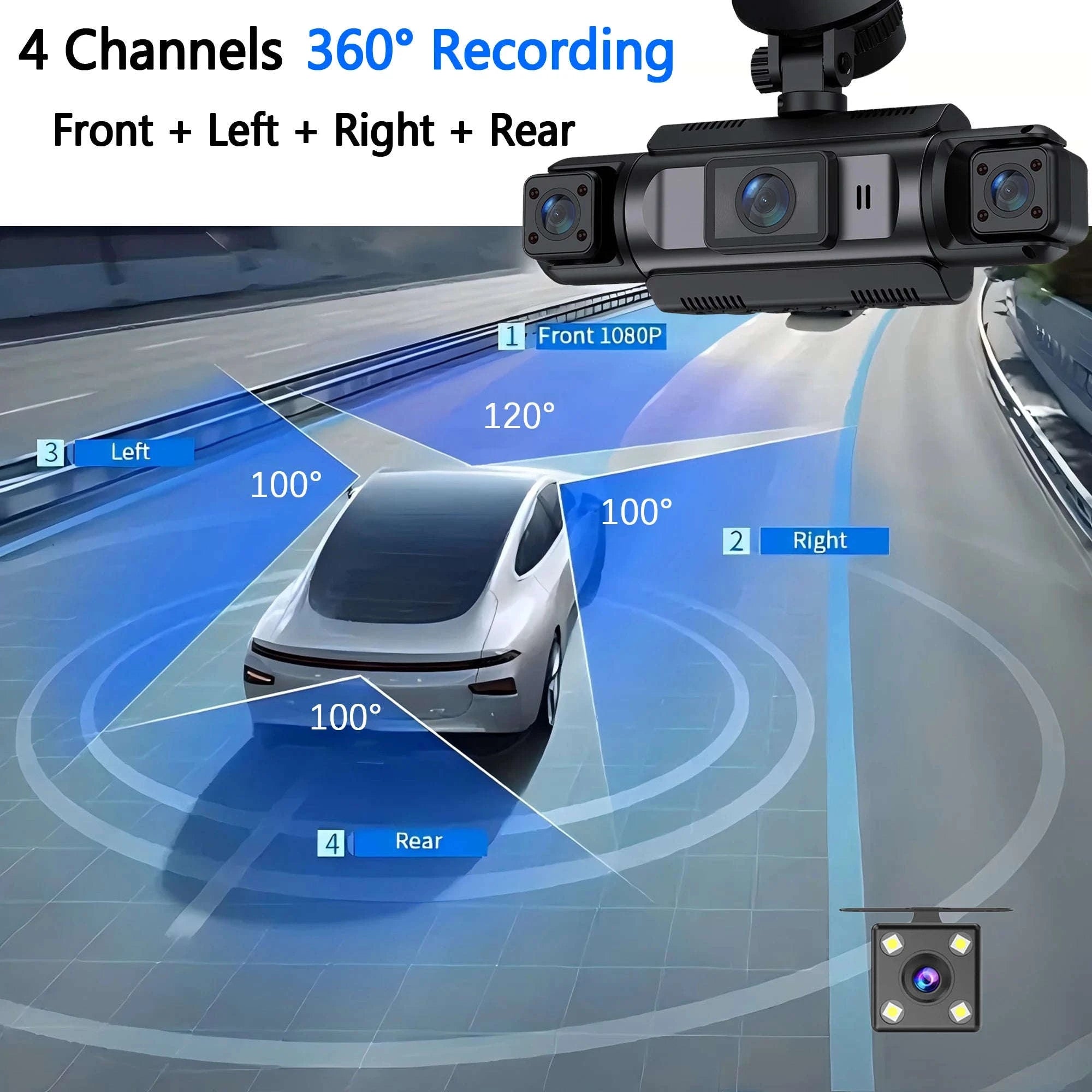 4-Channel WiFi Dash Camera with Night Vision-No Hardwire kit / China Mainland / No Card