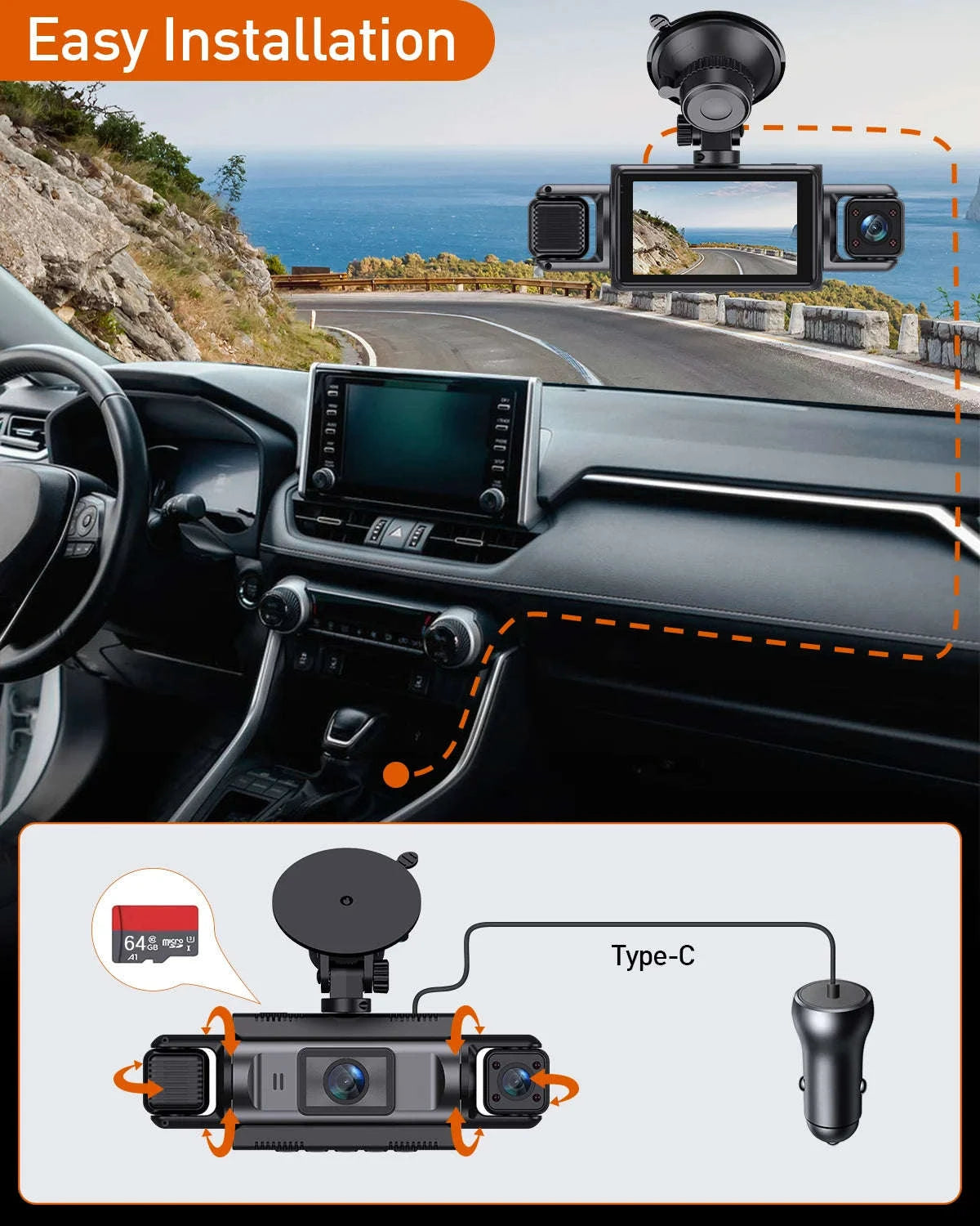 4-Channel WiFi Dash Camera with Night Vision-No Hardwire kit / China Mainland / No Card