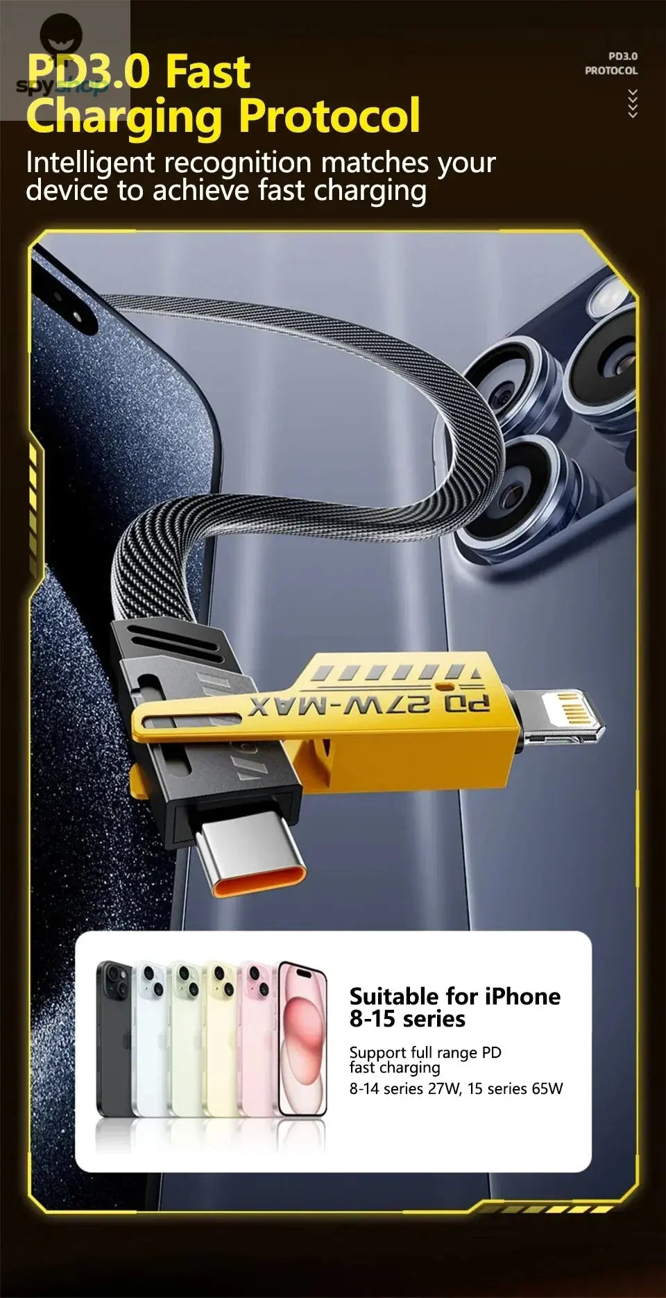 4 in 1 Mecha Fast Charging Data Cable Cord PD 27W For iPhone 15 Samsung Xiaomi 65W USB Type C Multi Port Quick Charge Wire Line Spy-shop.com