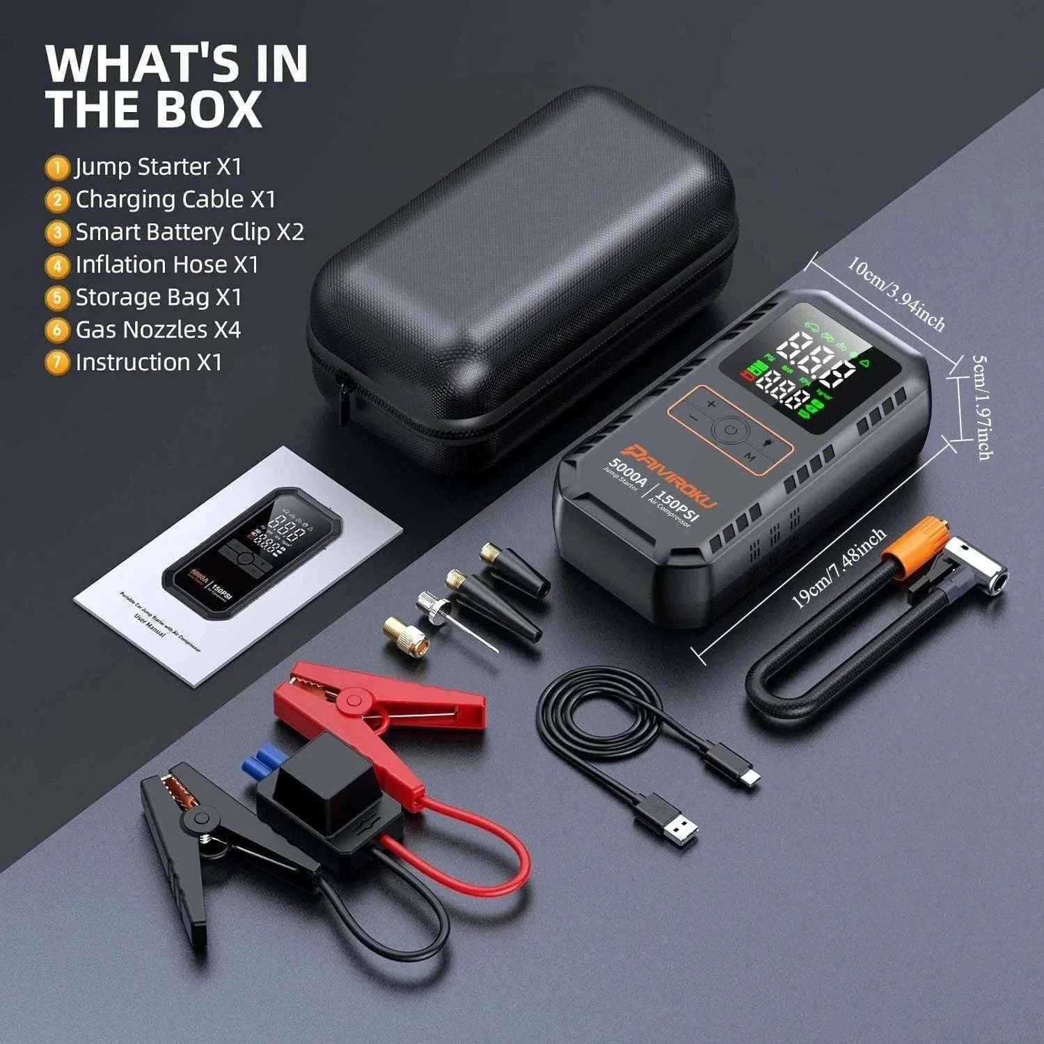4-in-1 Car Jump Starter with Air Compressor, 150 PSI Tire Inflator, Power Bank-16000mah / China Mainland