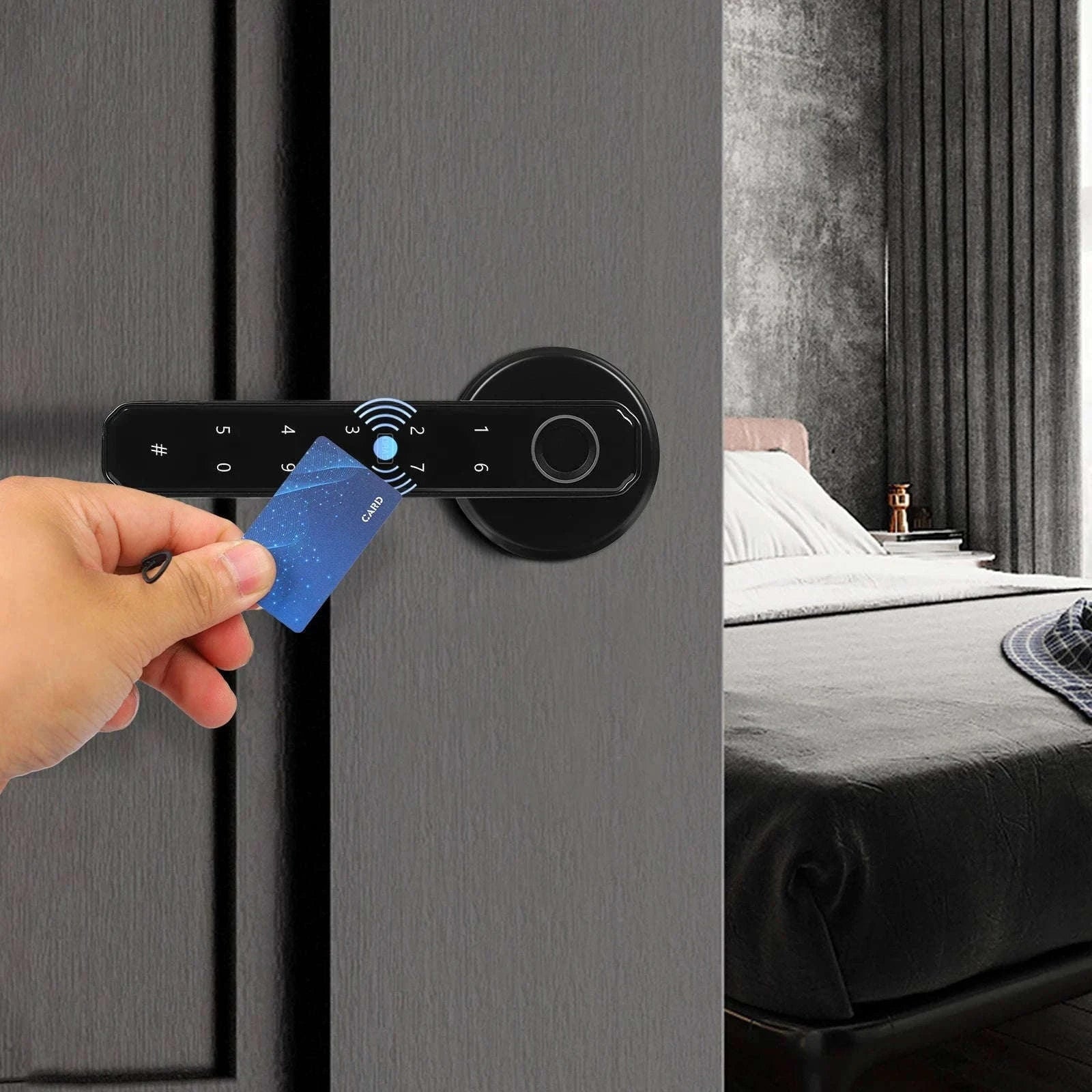 4-in-1 Electronic Fingerprint Door Lock with Password, IC Card and Key-United States / black