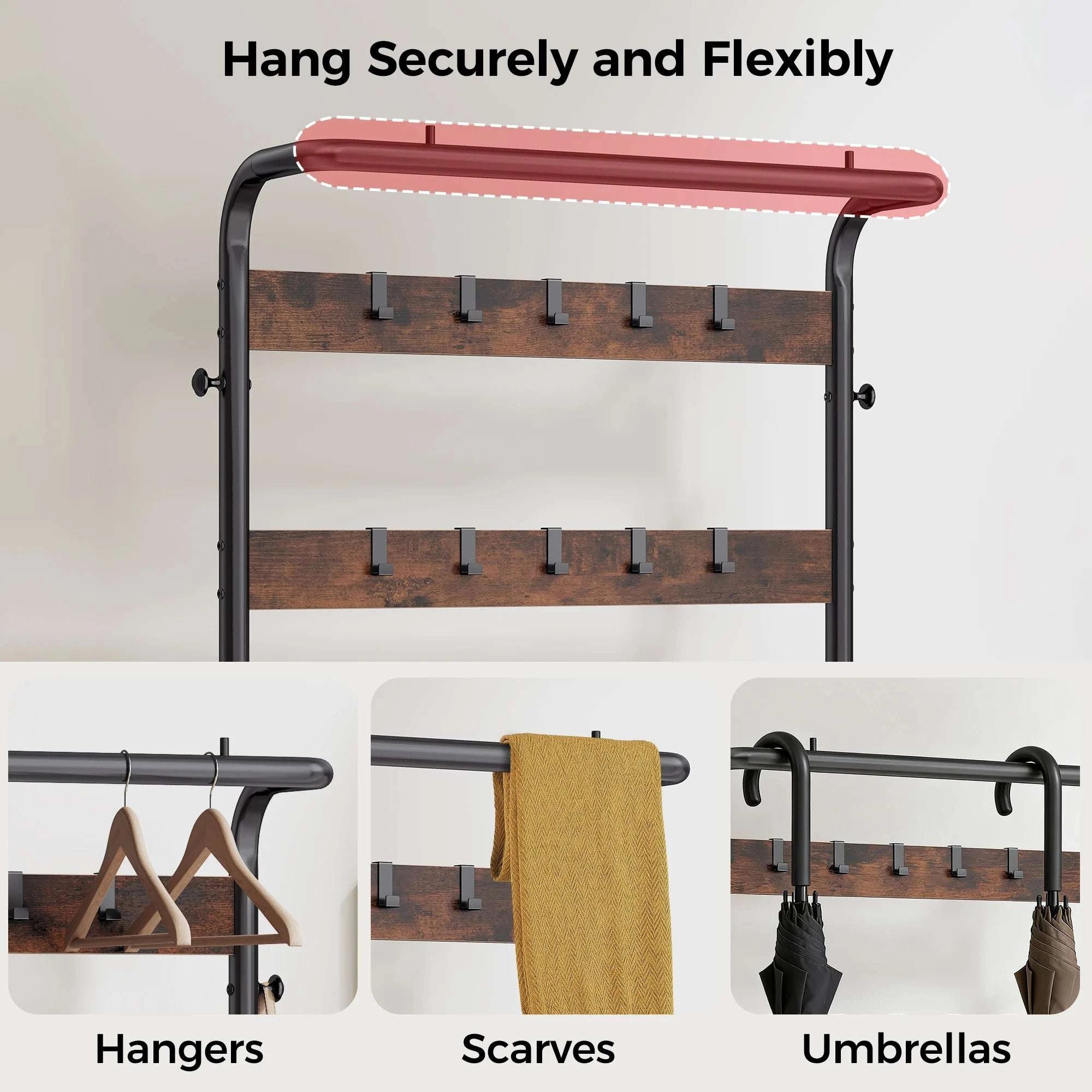 4-in-1 Entryway Coat Rack with Shoe Bench and Storage Hooks-Brown / United States