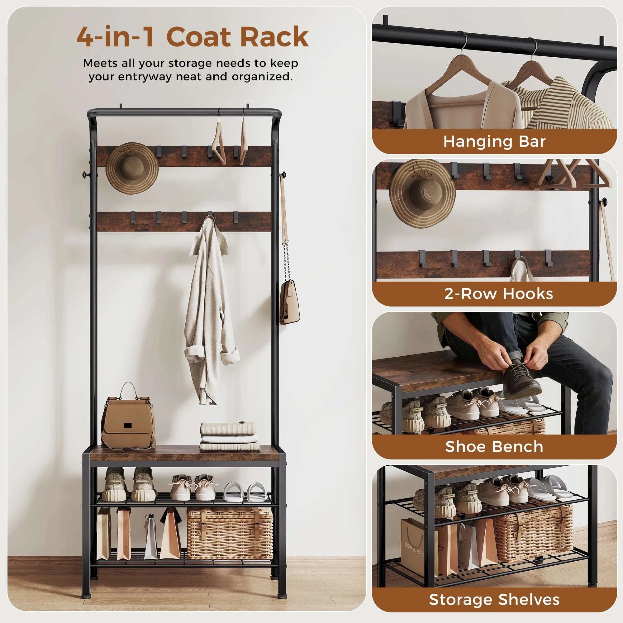 4-in-1 Entryway Coat Rack with Shoe Bench and Storage Hooks-Brown / United States