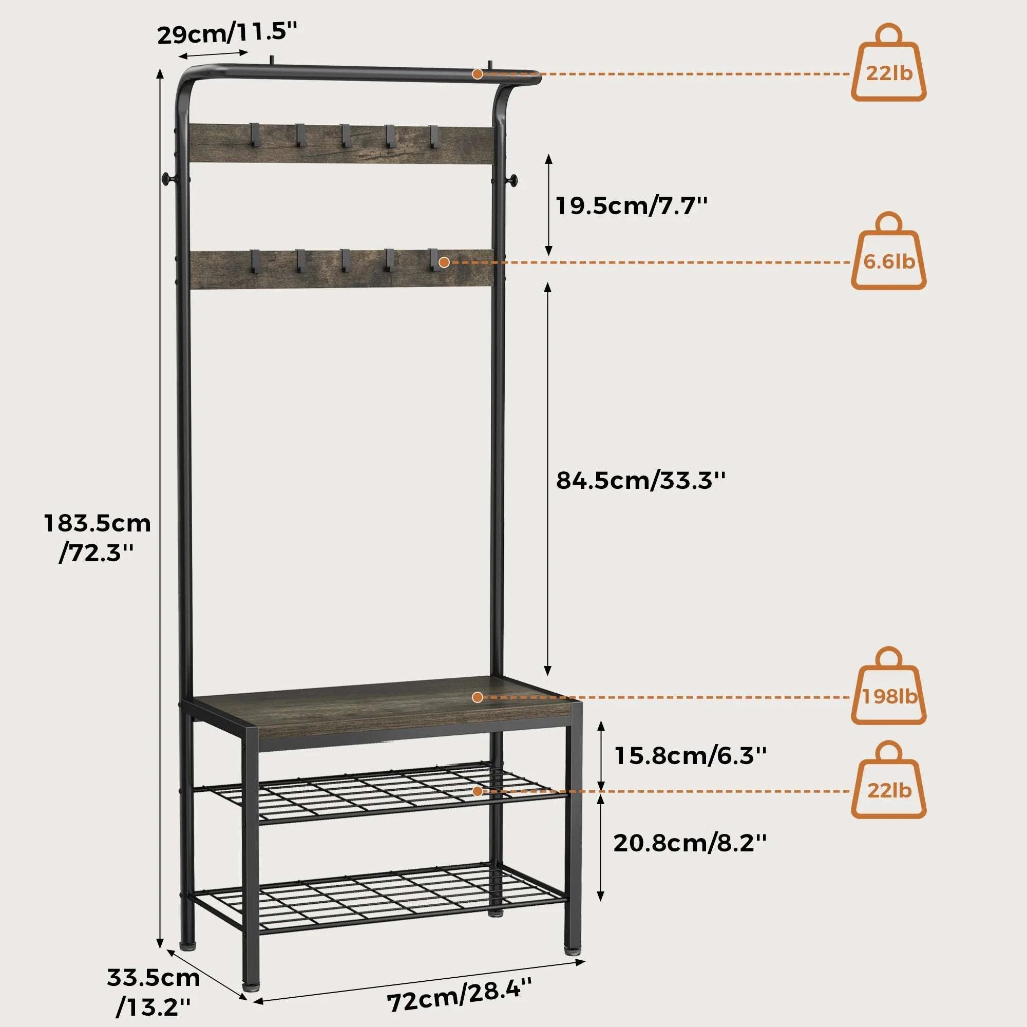 4-in-1 Entryway Coat Rack with Shoe Bench and Storage Hooks-Brown / United States