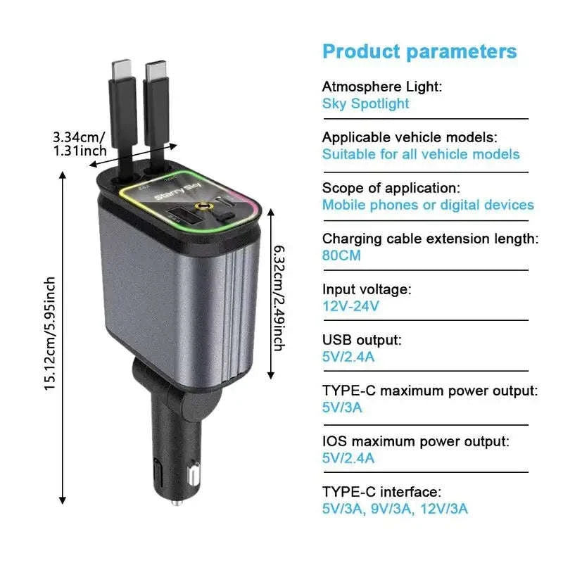 4‑in‑1 Retractable Car Charger with Starry Sky Light and Dual Ports-Type-C and Type-C / China Mainland