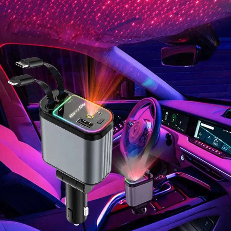 4‑in‑1 Retractable Car Charger with Starry Sky Light and Dual Ports-Type-C and Type-C / China Mainland